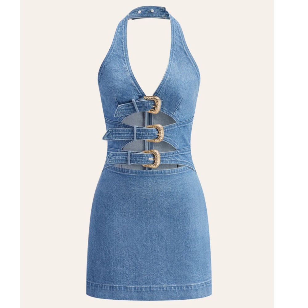 Commense Halter Neck Buckle Detail Denim Dress - Picture 4 of 9